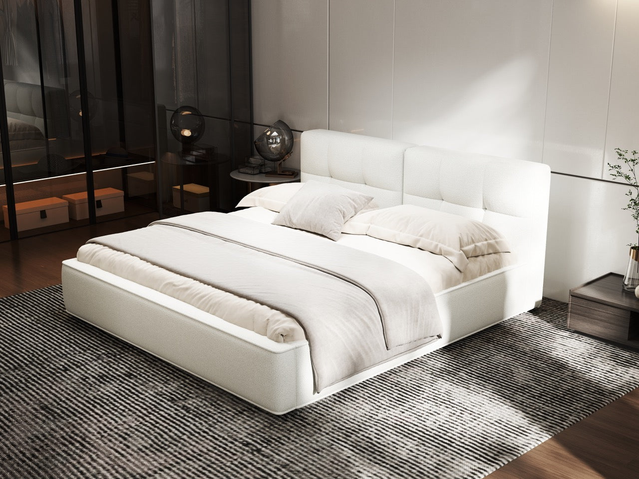 Pat dormitor dumonde, tapitat alb, Madrid 160x200 cm, somiera rabatabila inclusa, spatiu depozitare WLS