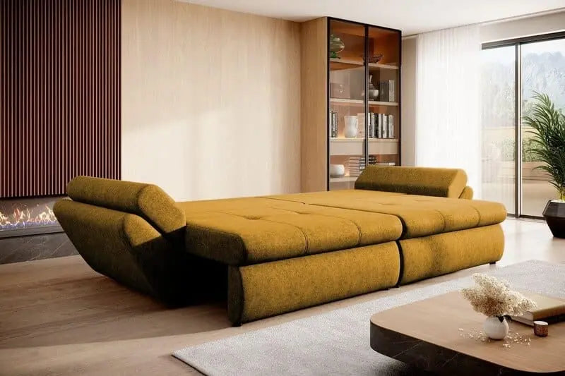 Canapea extensibilă cu ladă de depozitare si sezut confortabil din spuma HR, Loana Muștar Fresh 300x100 cm