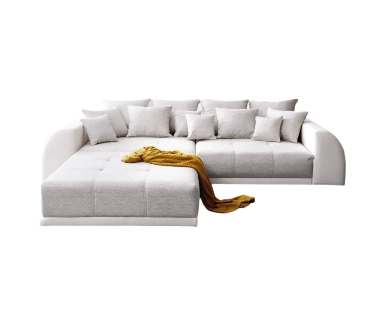 Canapea extensibilă dumonde cu 2 lăzi de depozitare si sezut confortabil din spuma HR, Verona Loft White 310x100 cm cu taburet inclus