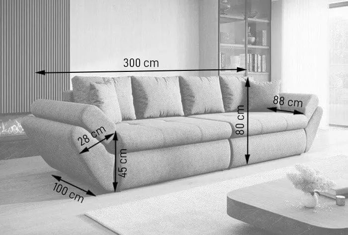 Canapea extensibilă cu ladă de depozitare si sezut confortabil din spuma HR, Loana Bordoux 300x100 cm