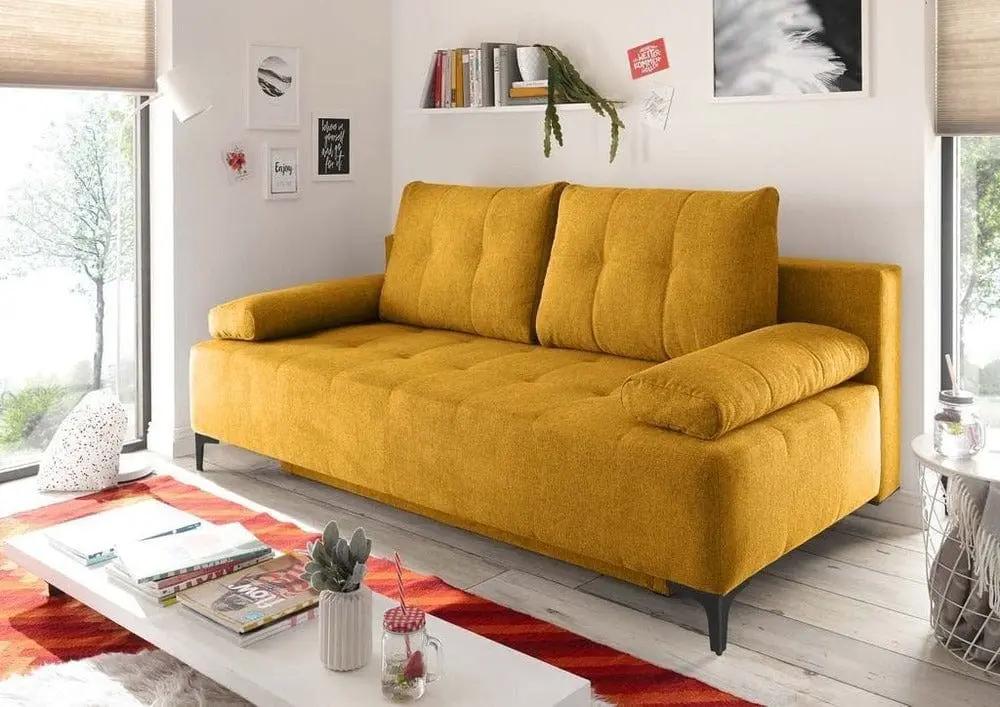 Canapea extensibilă cu ladă de depozitare si sezut confortabil din spuma HR, Candy Yellow, 200x100 cm