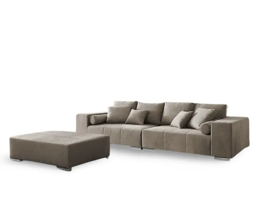 Canapea extensibilă dumonde cu ladă de depozitare si sezut confortabil din spuma HR, Marbela Enjoy Camel XXL 295x100 cm cu taburet inclus