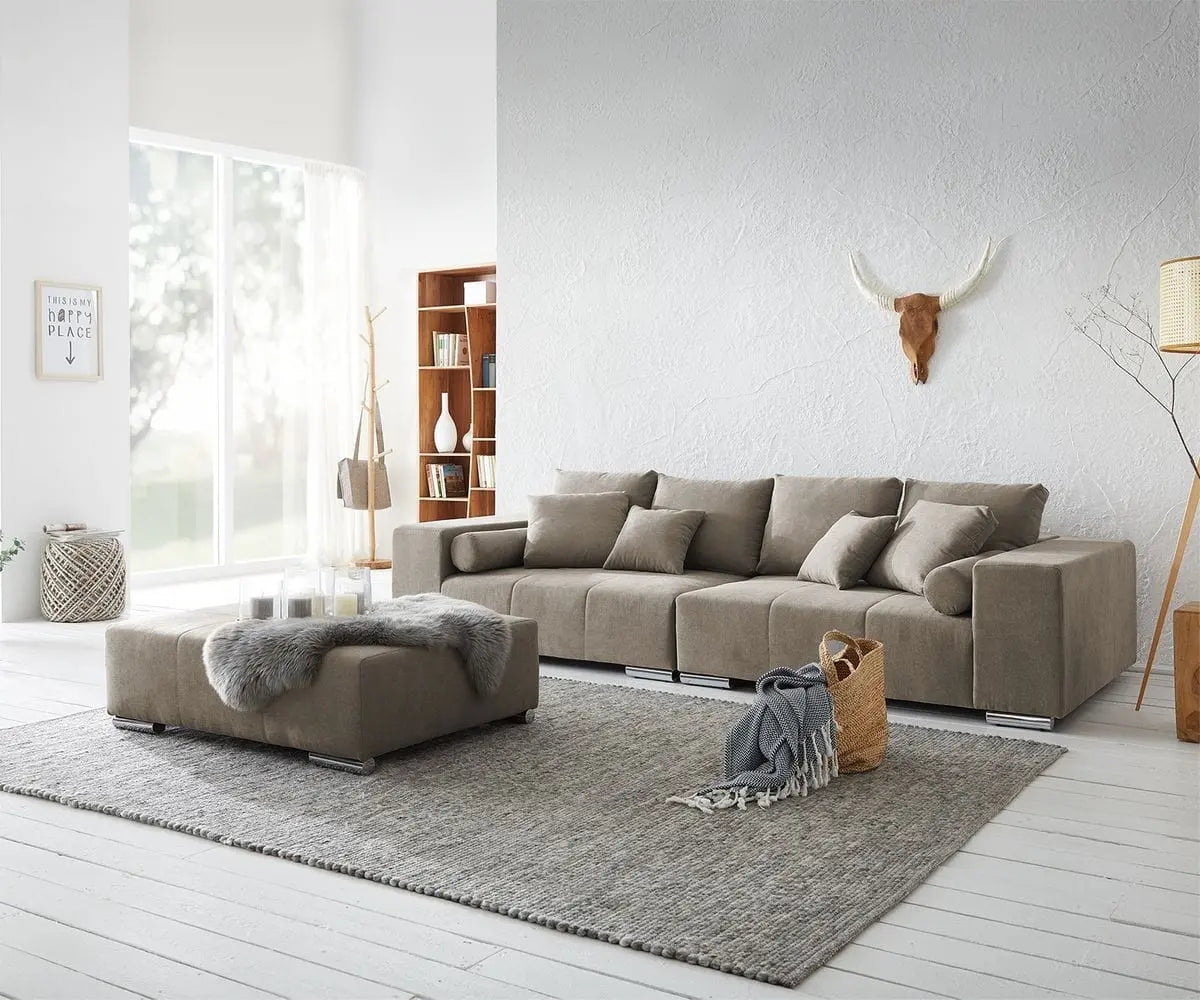 Canapea extensibilă cu ladă de depozitare si sezut confortabil din spuma HR, Marbela Bej XXL 295x100 cm cu taburet inclus