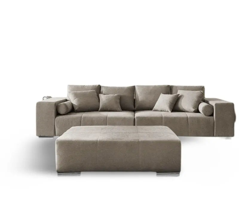 Canapea extensibilă dumonde cu ladă de depozitare si sezut confortabil din spuma HR, Marbela Enjoy Camel XXL 295x100 cm cu taburet inclus