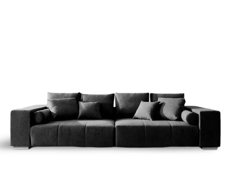 Canapea extensibilă dumonde cu ladă de depozitare si sezut confortabil din spuma HR, Marbela Enjoy Black XXL 295x100 cm cu taburet inclus