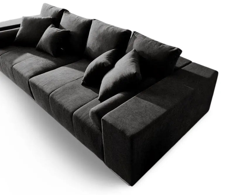 Canapea extensibilă dumonde cu ladă de depozitare si sezut confortabil din spuma HR, Marbela Enjoy Black XXL 295x100 cm cu taburet inclus