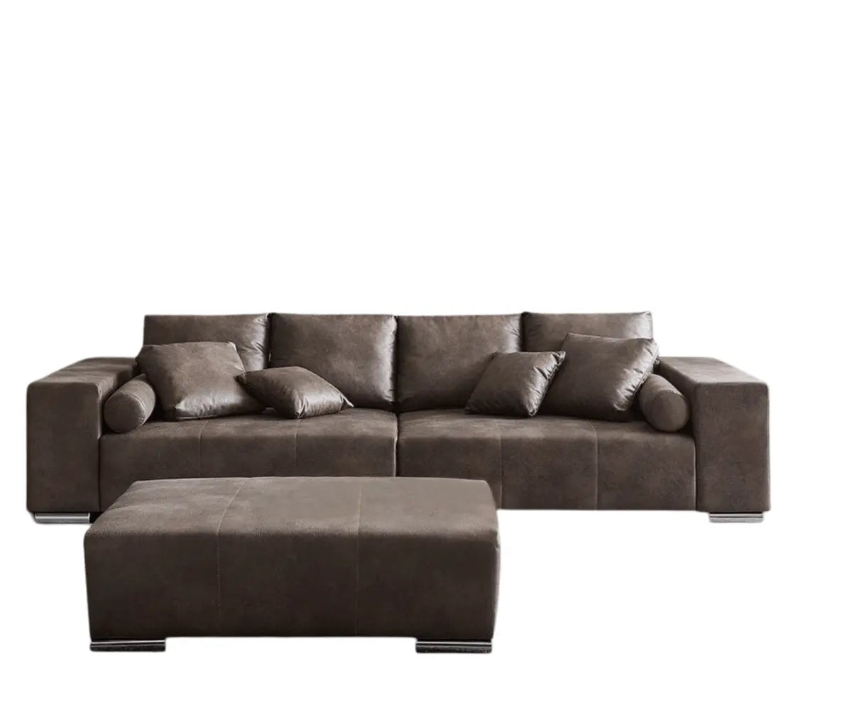 Canapea extensibilă dumonde cu ladă de depozitare si sezut confortabil din spuma HR, Marbela Tobago Brown XXL 295x100 cm cu taburet inclus