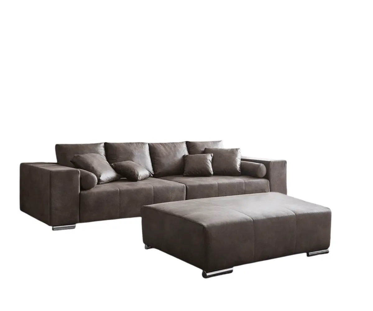 Canapea extensibilă dumonde cu ladă de depozitare si sezut confortabil din spuma HR, Marbela Tobago Brown XXL 295x100 cm cu taburet inclus