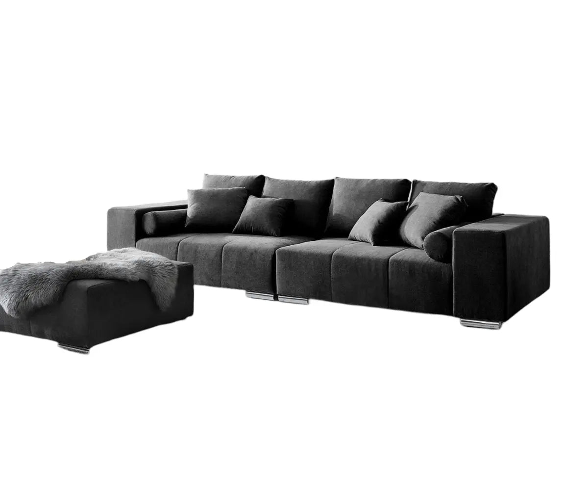 Canapea extensibilă dumonde cu ladă de depozitare si sezut confortabil din spuma HR, Marbela Enjoy Black XXL 295x100 cm cu taburet inclus
