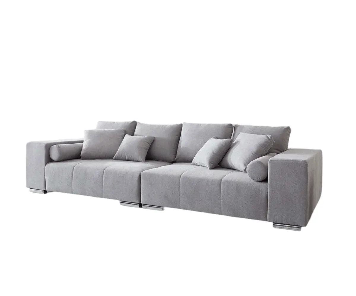 Canapea extensibilă dumonde cu ladă de depozitare si sezut confortabil din spuma HR, Marbela Enjoy Silver XXL 295x100 cm cu taburet inclus