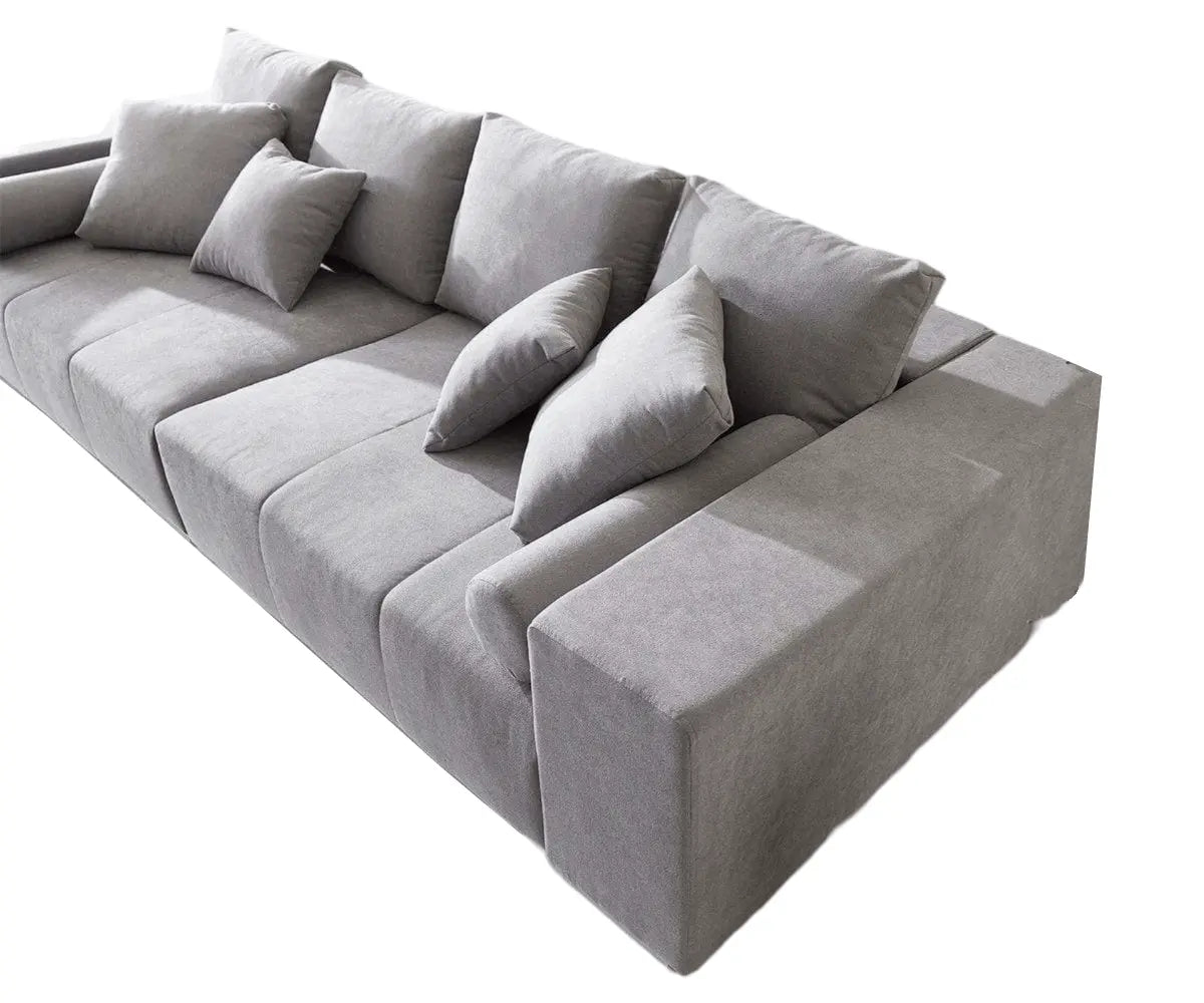 Canapea extensibilă dumonde cu ladă de depozitare si sezut confortabil din spuma HR, Marbela Enjoy Silver XXL 295x100 cm cu taburet inclus