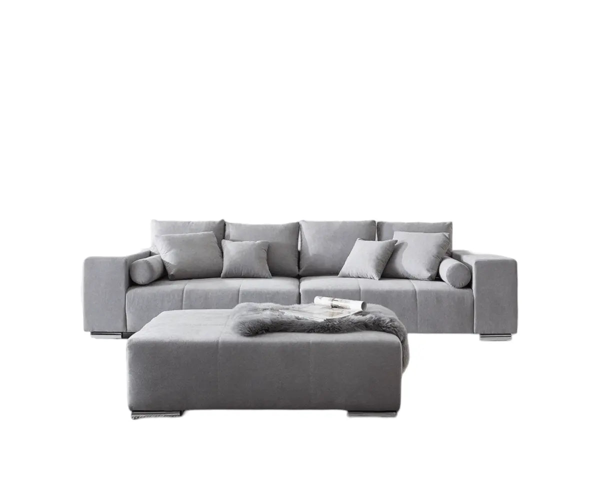 Canapea extensibilă dumonde cu ladă de depozitare si sezut confortabil din spuma HR, Marbela Enjoy Silver XXL 295x100 cm cu taburet inclus