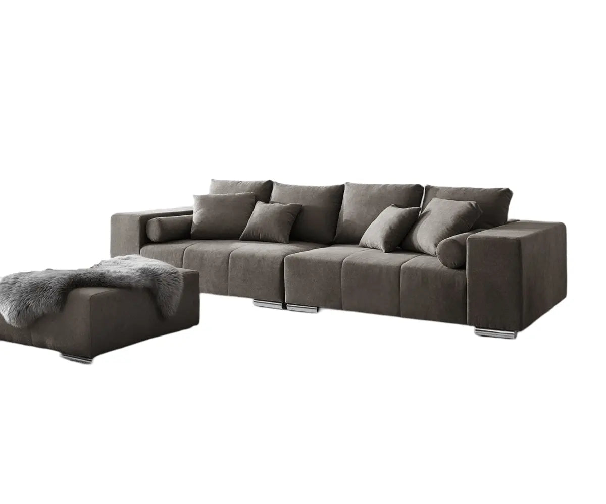 Canapea extensibilă dumonde cu ladă de depozitare si sezut confortabil din spuma HR, Marbela Enjoy Kaki XXL 295x100 cm cu taburet inclus