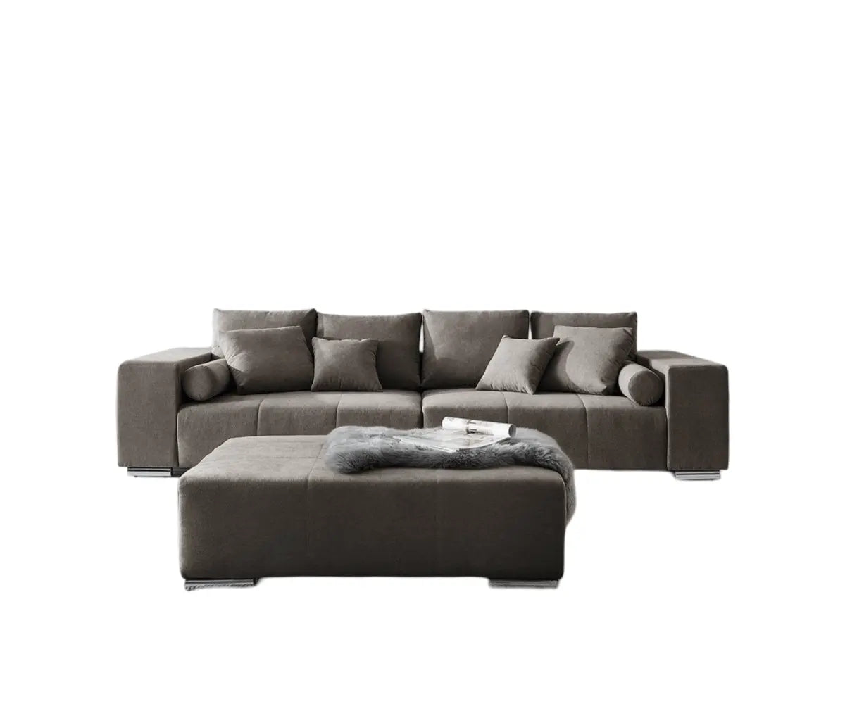 Canapea extensibilă dumonde cu ladă de depozitare si sezut confortabil din spuma HR, Marbela Enjoy Kaki XXL 295x100 cm cu taburet inclus