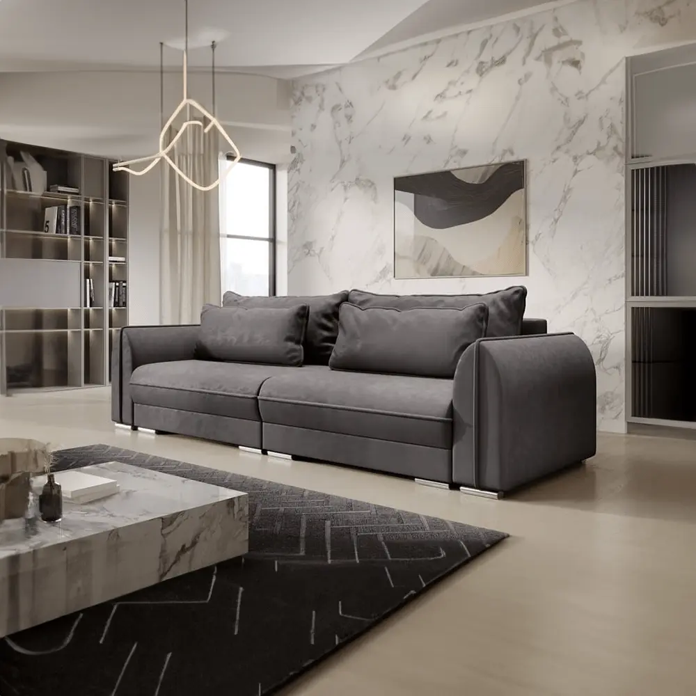 Canapea extensibilă dumonde cu ladă de depozitare si sezut confortabil din spuma HR, Denver Enjoy Grafit 300x100 cm Fabrica