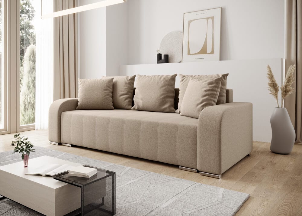 Canapea extensibilă cu ladă de depozitare si sezut confortabil din spuma HR, Sofia Bej 240x100 cm Fabrica
