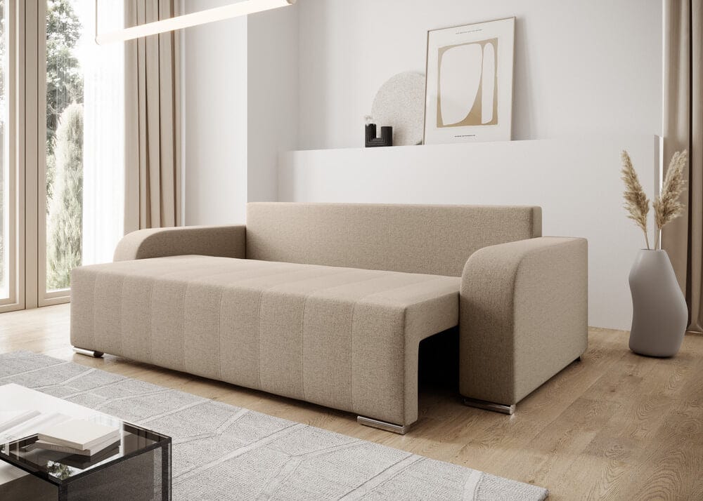 Canapea extensibilă cu ladă de depozitare si sezut confortabil din spuma HR, Sofia Bej 240x100 cm Fabrica