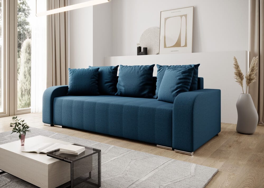 Canapea extensibilă cu ladă de depozitare si sezut confortabil din spuma HR, Sofia Blue 240x100 cm Fabrica