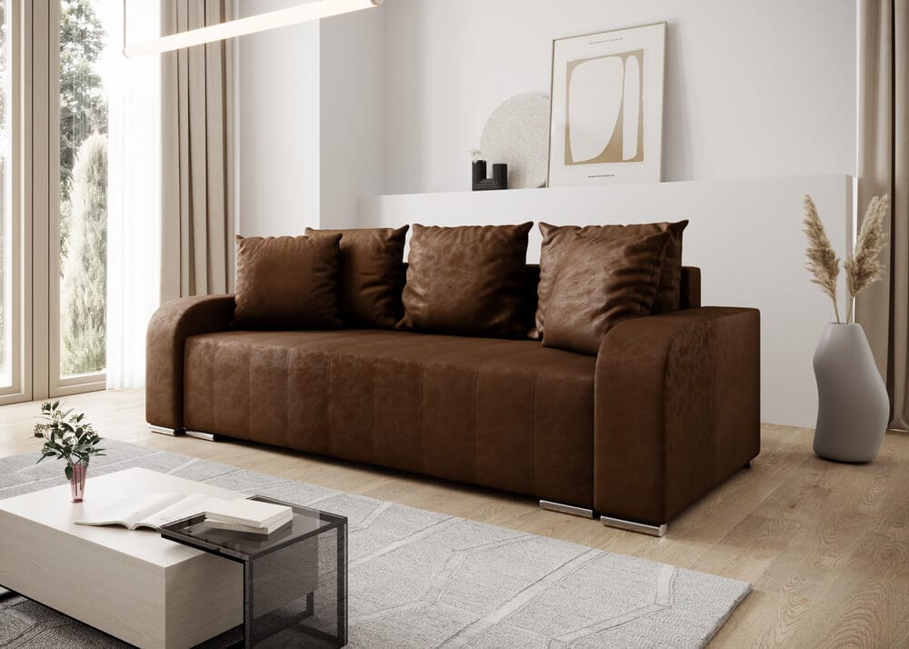 Canapea extensibilă cu ladă de depozitare si sezut confortabil din spuma HR, Sofia Brown 240x100 cm Fabrica
