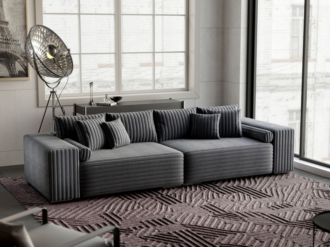 Canapea extensibilă dumonde cu ladă de depozitare si sezut confortabil din spuma HR, Marbela Ambience Grey XXL 295x100 cm fabrica
