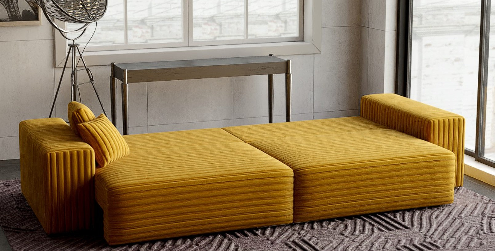 Canapea extensibilă dumonde cu ladă de depozitare si sezut confortabil din spuma HR, Marbela Ambience Mustar XXL 295x100 cm fabrica