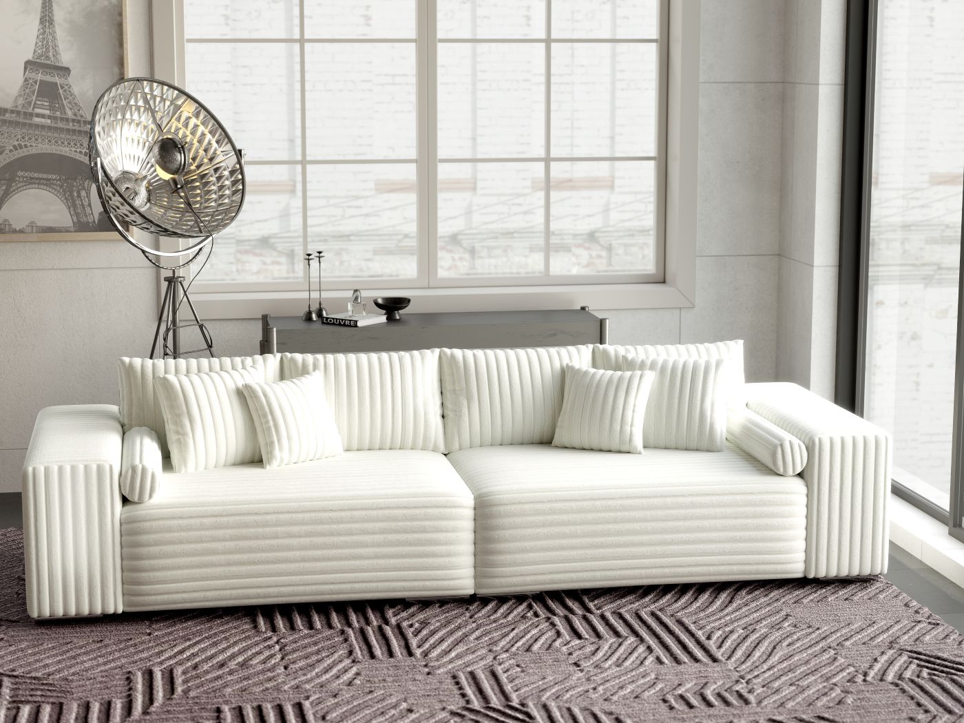 Canapea extensibilă dumonde cu ladă de depozitare si sezut confortabil din spuma HR, Marbela Ambience Ivory XXL 295x100 cm fabrica