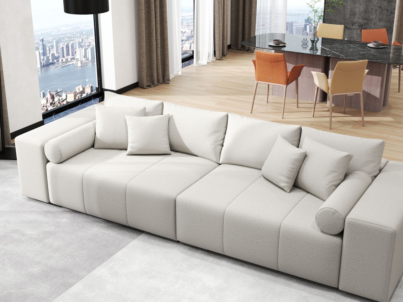 Canapea extensibilă dumonde cu ladă de depozitare si sezut confortabil din spuma HR, Marbela Enjoy Beige XXL 295x100 cm fabrica