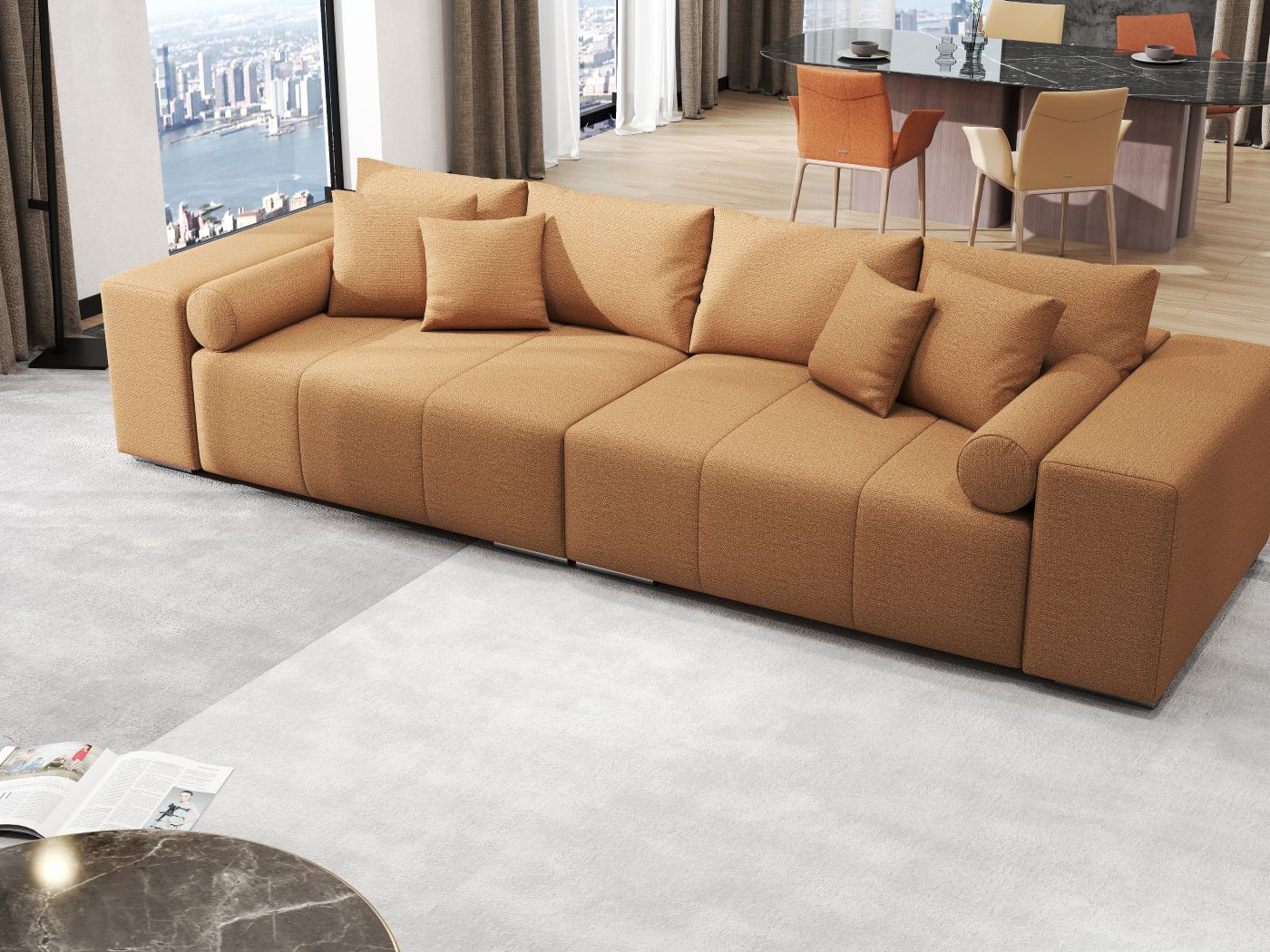 Canapea extensibilă dumonde cu ladă de depozitare si sezut confortabil din spuma HR, Marbela Enjoy Mango XXL 295x100 cm fabrica