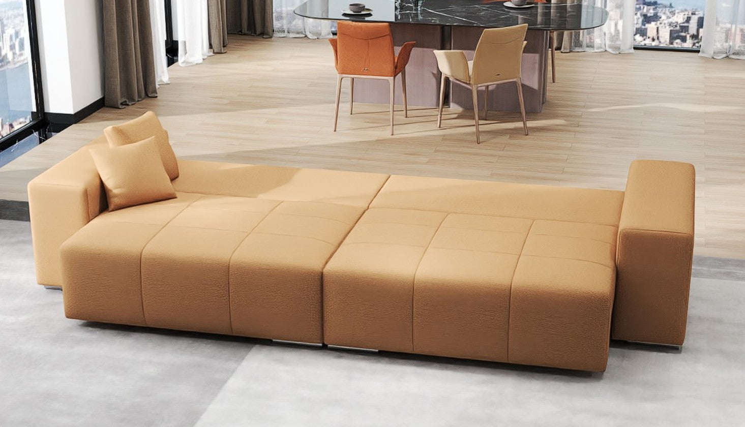 Canapea extensibilă dumonde cu ladă de depozitare si sezut confortabil din spuma HR, Marbela Enjoy Mango XXL 295x100 cm fabrica