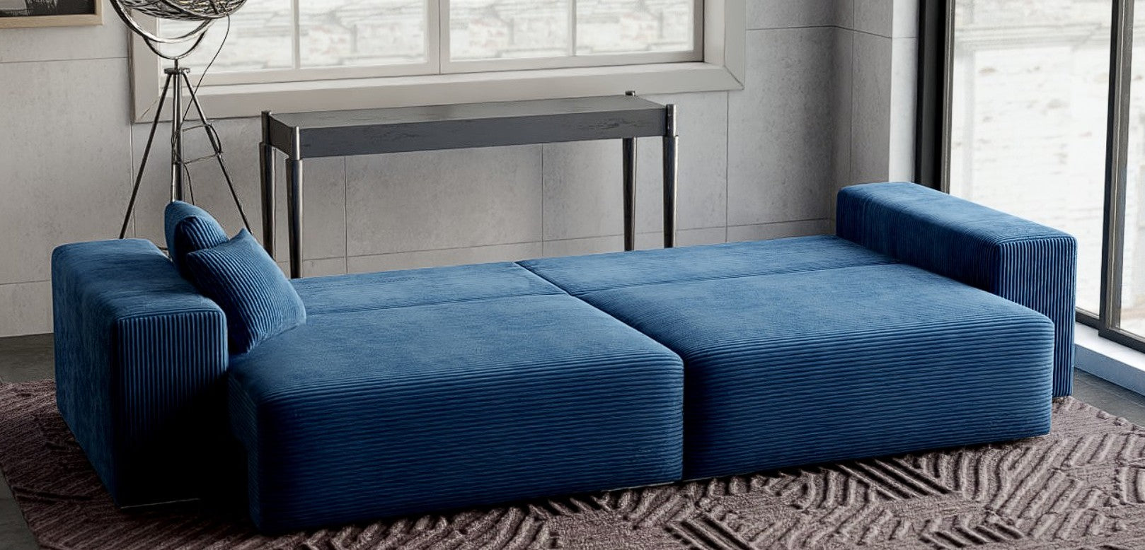 Canapea extensibilă dumonde cu ladă de depozitare si sezut confortabil din spuma HR, Marbela Zoom Blue XXL 295x100 cm fabrica