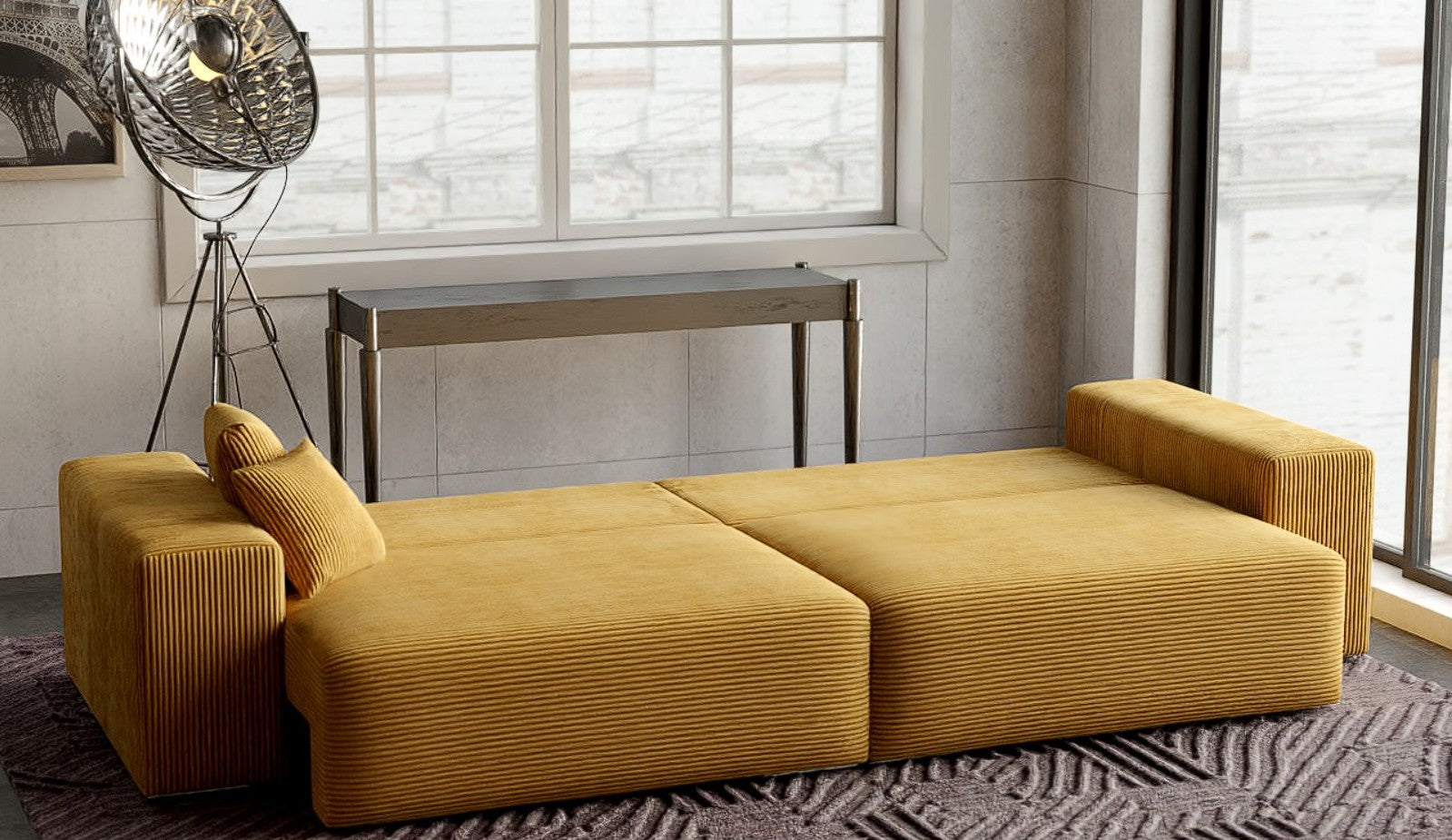 Canapea extensibilă dumonde cu ladă de depozitare si sezut confortabil din spuma HR, Marbela Zoom Mustar XXL 295x100 cm fabrica