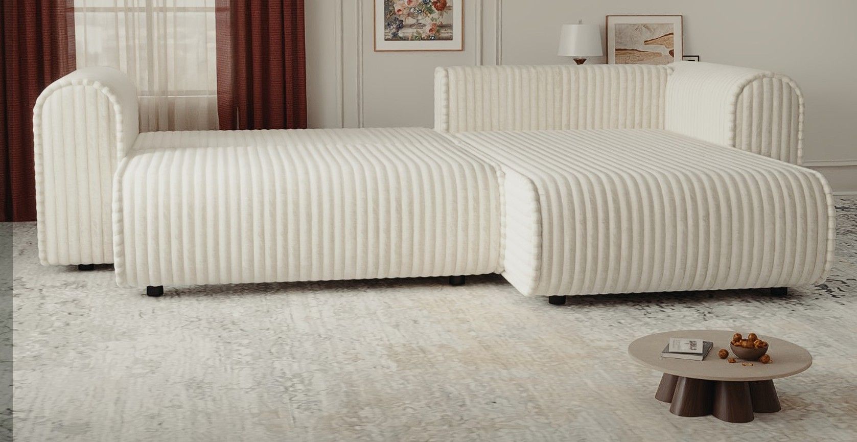 Colțar extensibil dumonde cu ladă de depozitare si sezut confortabil din spuma high-density, Monaco L Tilia Bej II 270x100 cm