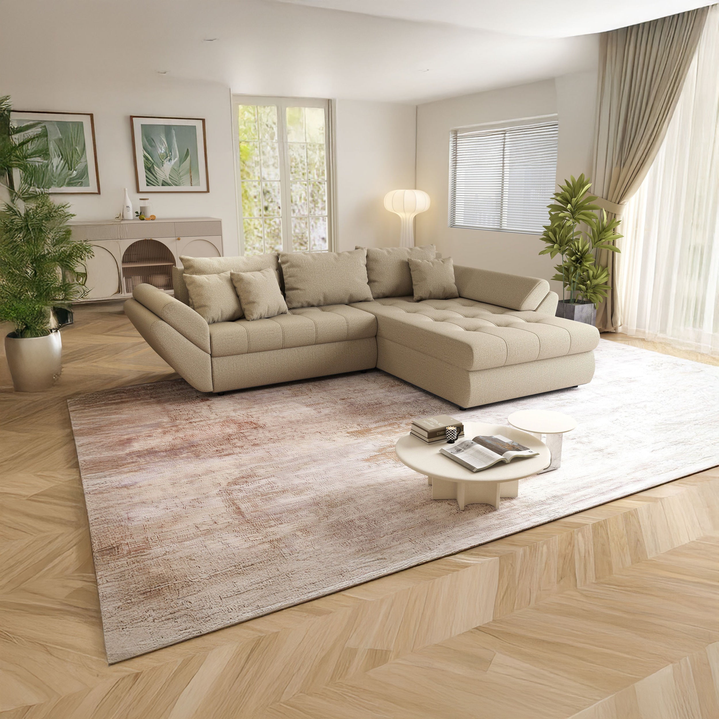 Colțar extensibil dumonde cu ladă de depozitare si sezut confortabil din spuma HR, Loana Enjoy Camel II 270x185 cm Fabrica