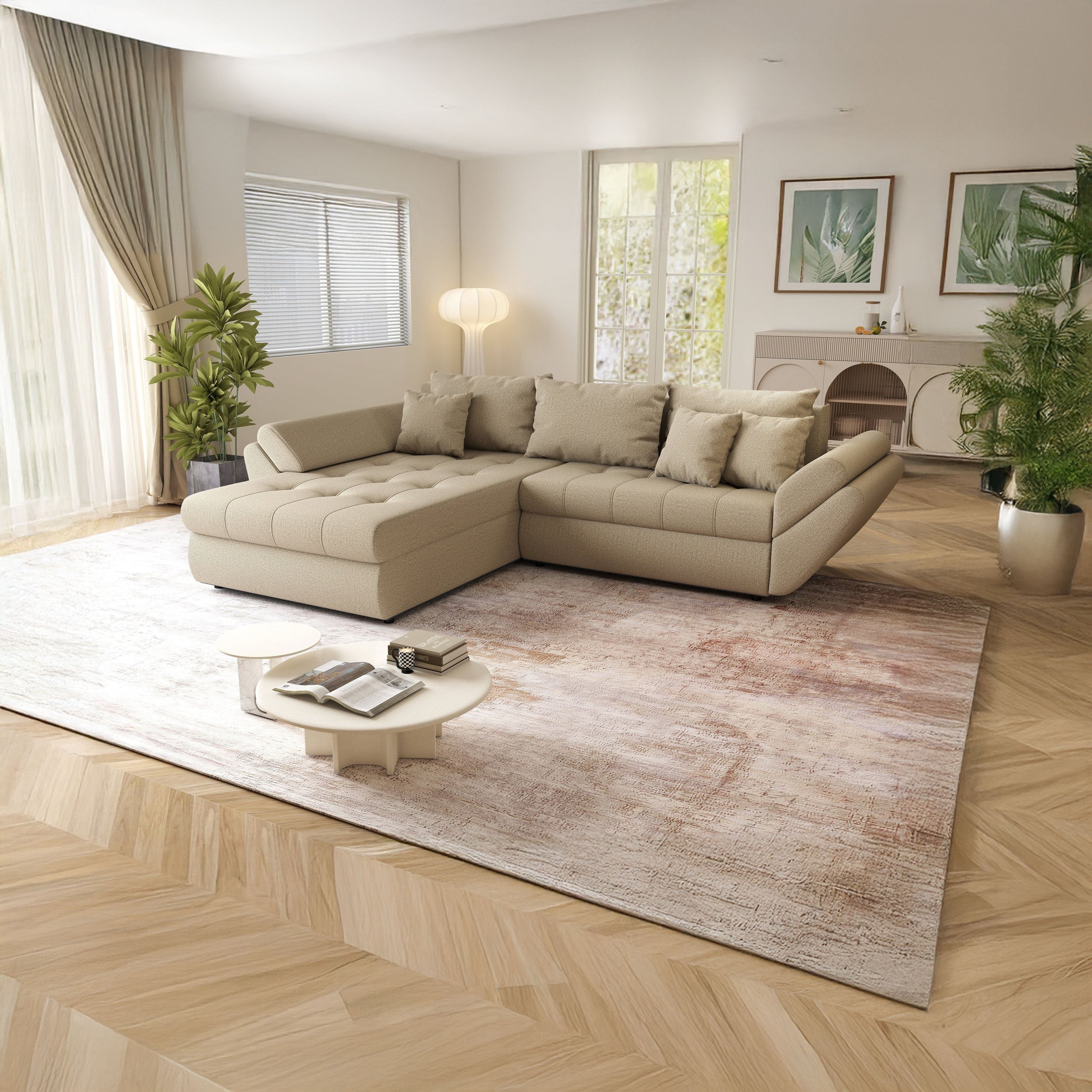 Colțar extensibil dumonde cu ladă de depozitare si sezut confortabil din spuma HR, Loana Enjoy Camel 270x185 cm Fabrica