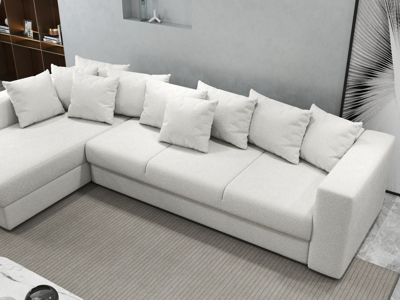 Colțar extensibil dumonde cu ladă de depozitare si sezut confortabil din spuma HR, Gloria Euphoria Ivory 320x183 cm Fabrica