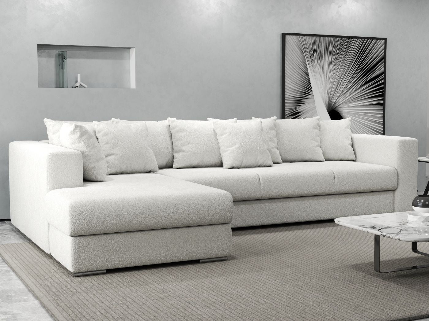 Colțar extensibil dumonde cu ladă de depozitare si sezut confortabil din spuma HR, Gloria Euphoria Ivory 320x183 cm Fabrica