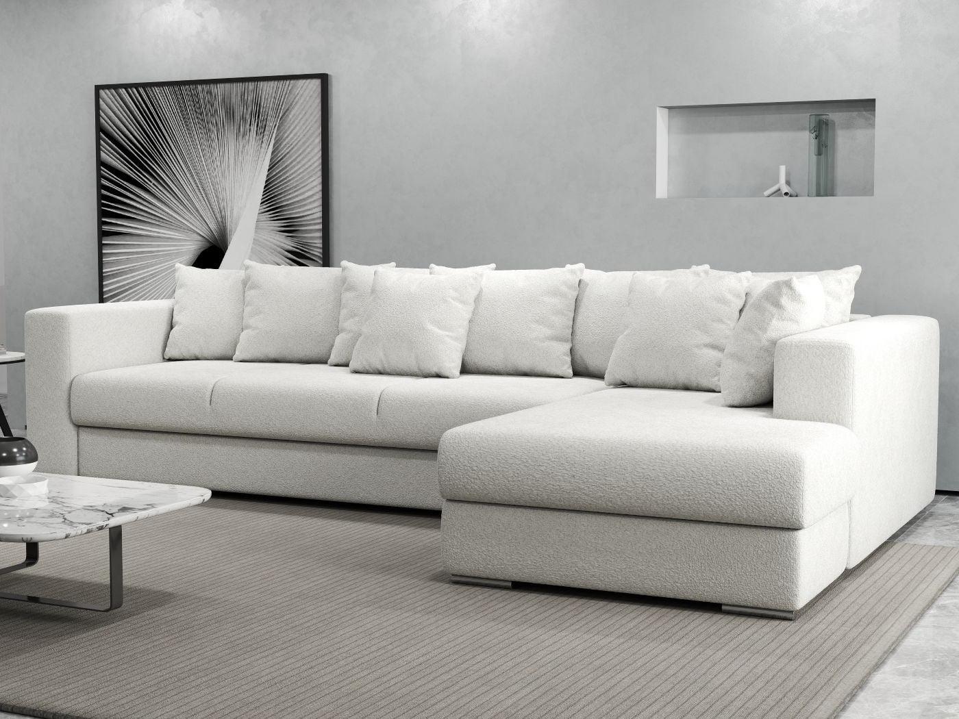 Colțar extensibil dumonde cu ladă de depozitare si sezut confortabil din spuma HR, Gloria Euphoria Ivory II 320x183 cm Fabrica