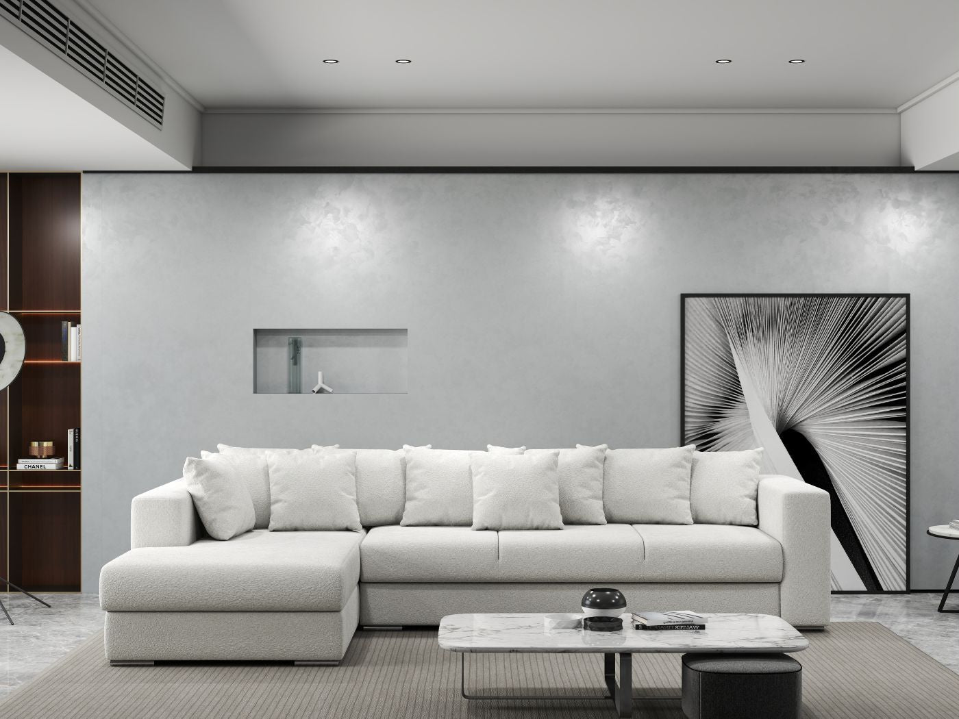 Colțar extensibil dumonde cu ladă de depozitare si sezut confortabil din spuma HR, Gloria Euphoria Ivory 320x183 cm Fabrica