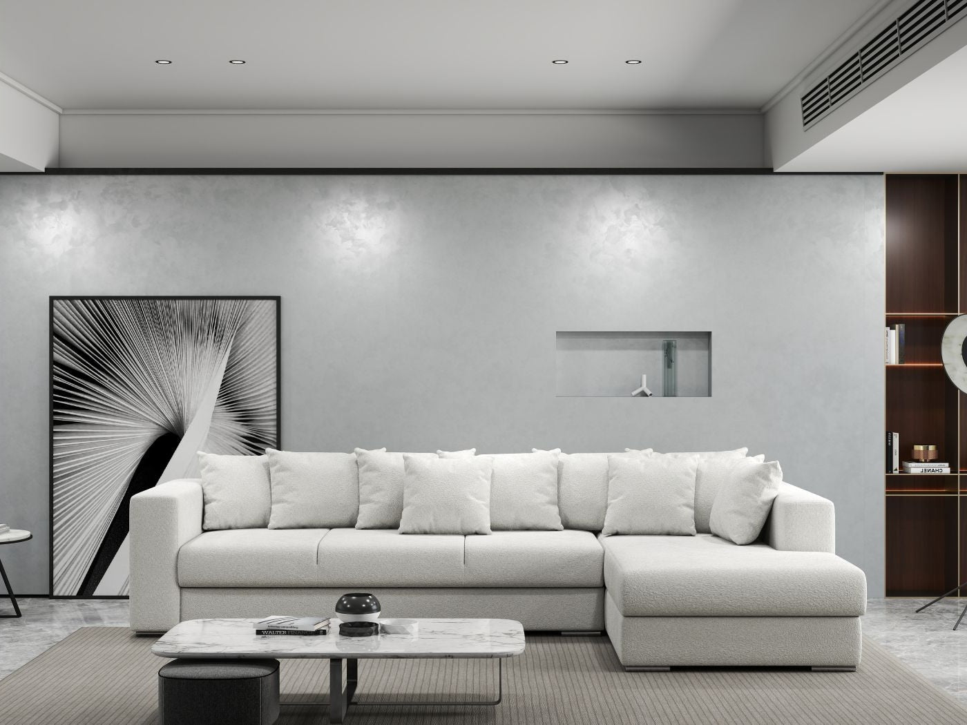 Colțar extensibil dumonde cu ladă de depozitare si sezut confortabil din spuma HR, Gloria Euphoria Ivory II 320x183 cm Fabrica