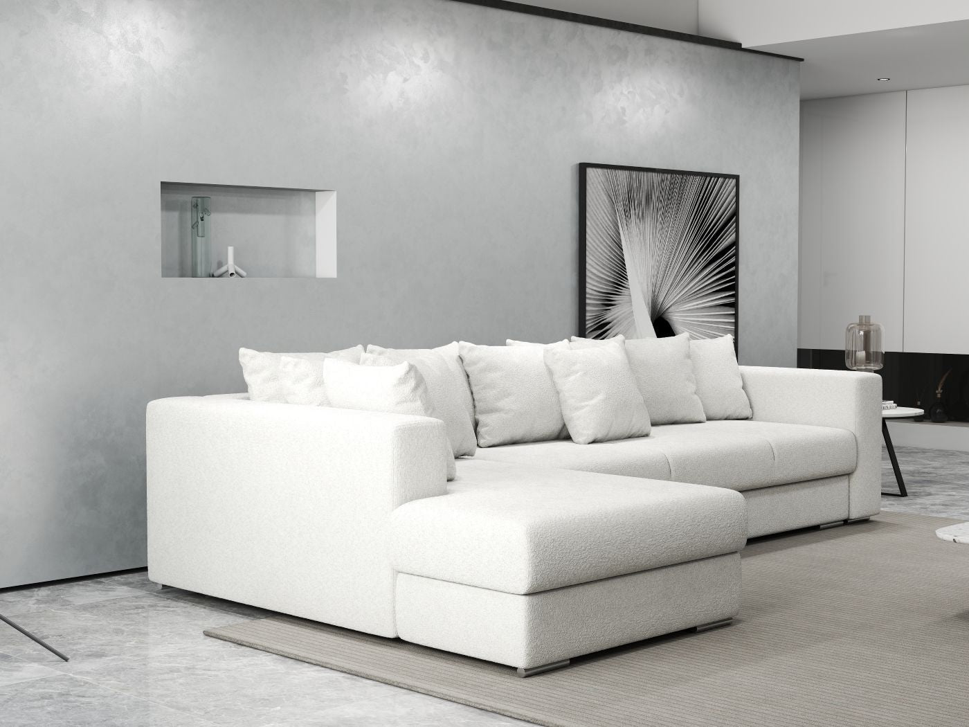 Colțar extensibil dumonde cu ladă de depozitare si sezut confortabil din spuma HR, Gloria Euphoria Ivory 320x183 cm Fabrica