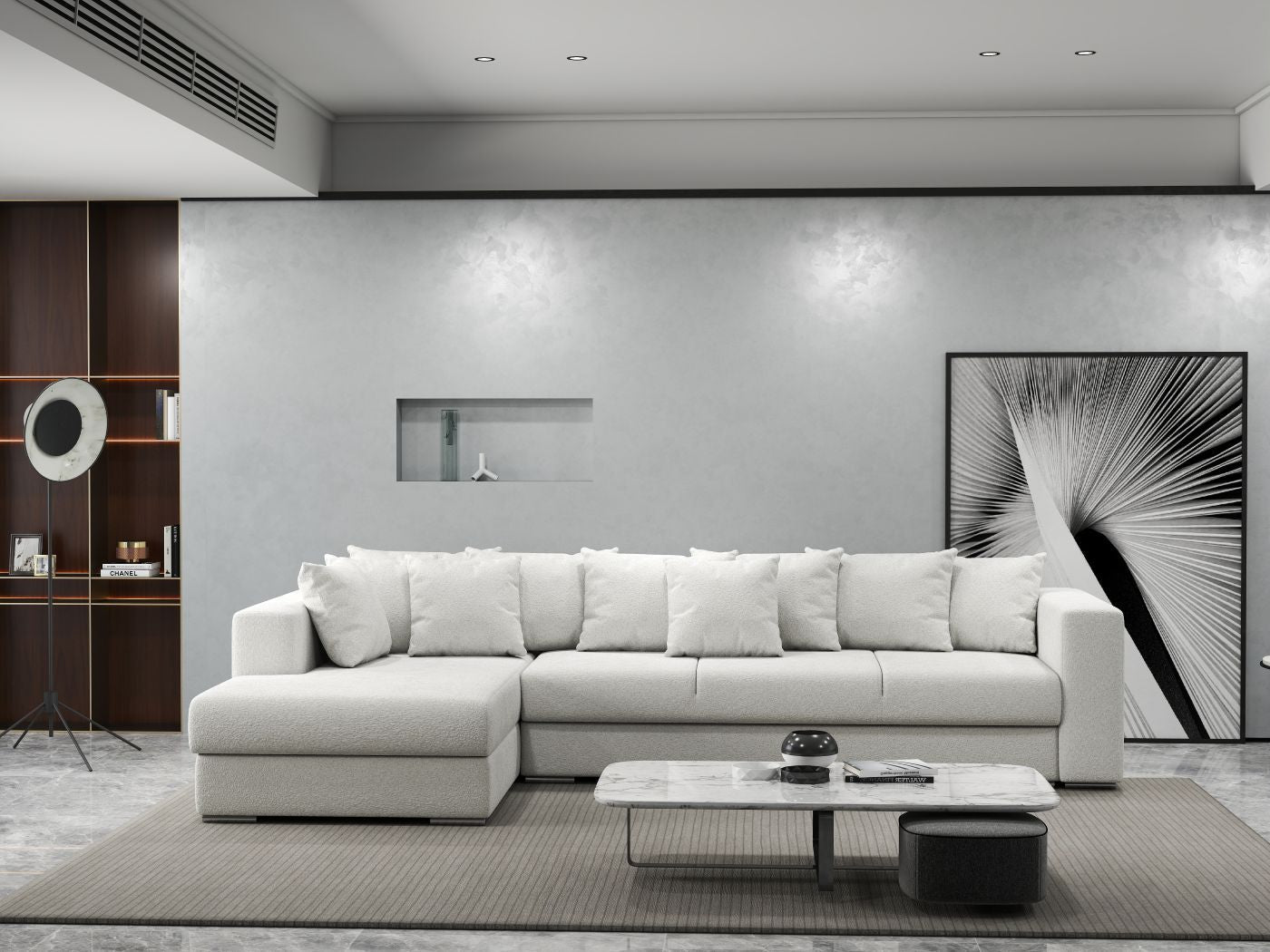 Colțar extensibil dumonde cu ladă de depozitare si sezut confortabil din spuma HR, Gloria Euphoria Ivory 320x183 cm Fabrica