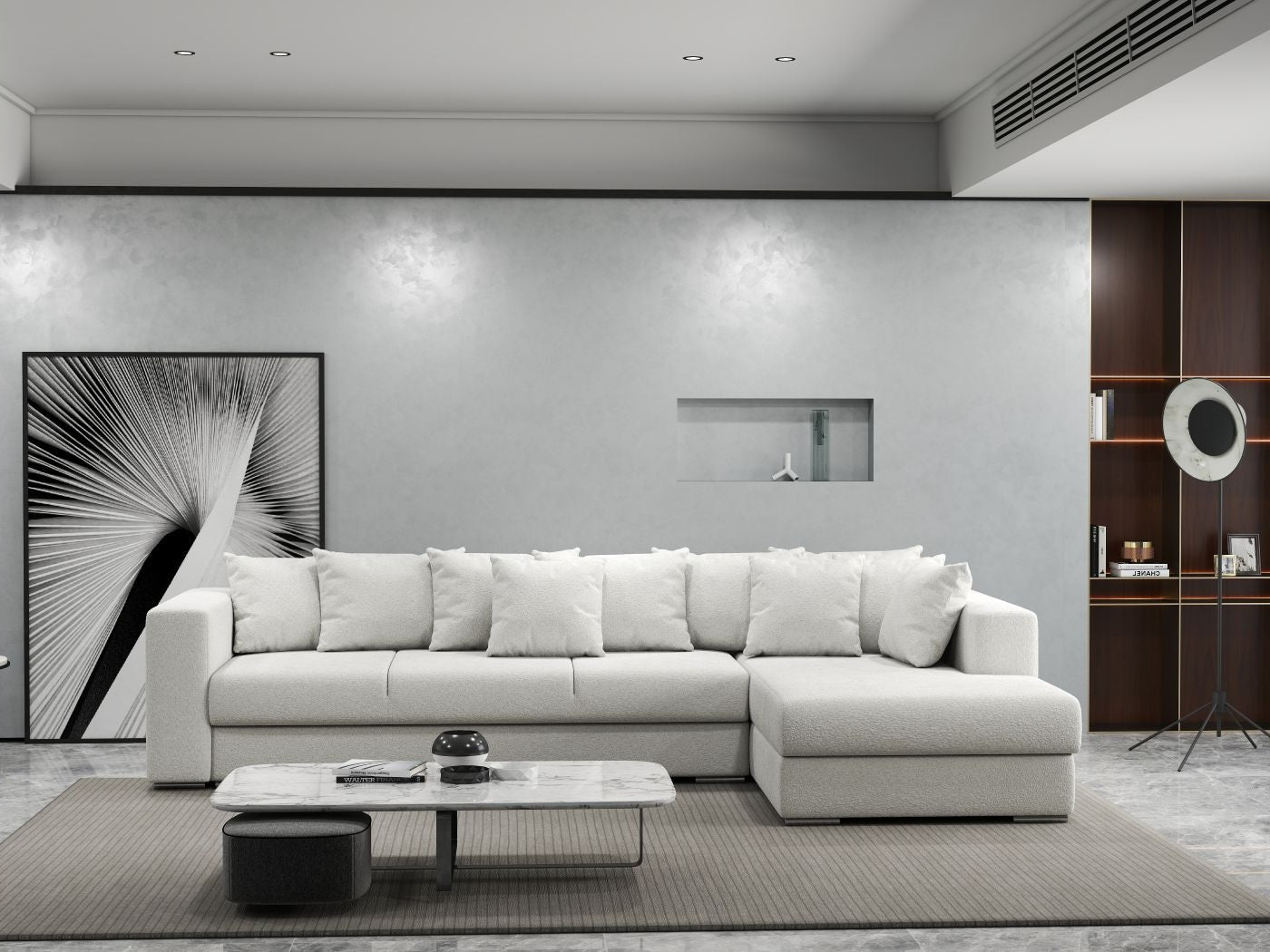 Colțar extensibil dumonde cu ladă de depozitare si sezut confortabil din spuma HR, Gloria Euphoria Ivory II 320x183 cm Fabrica