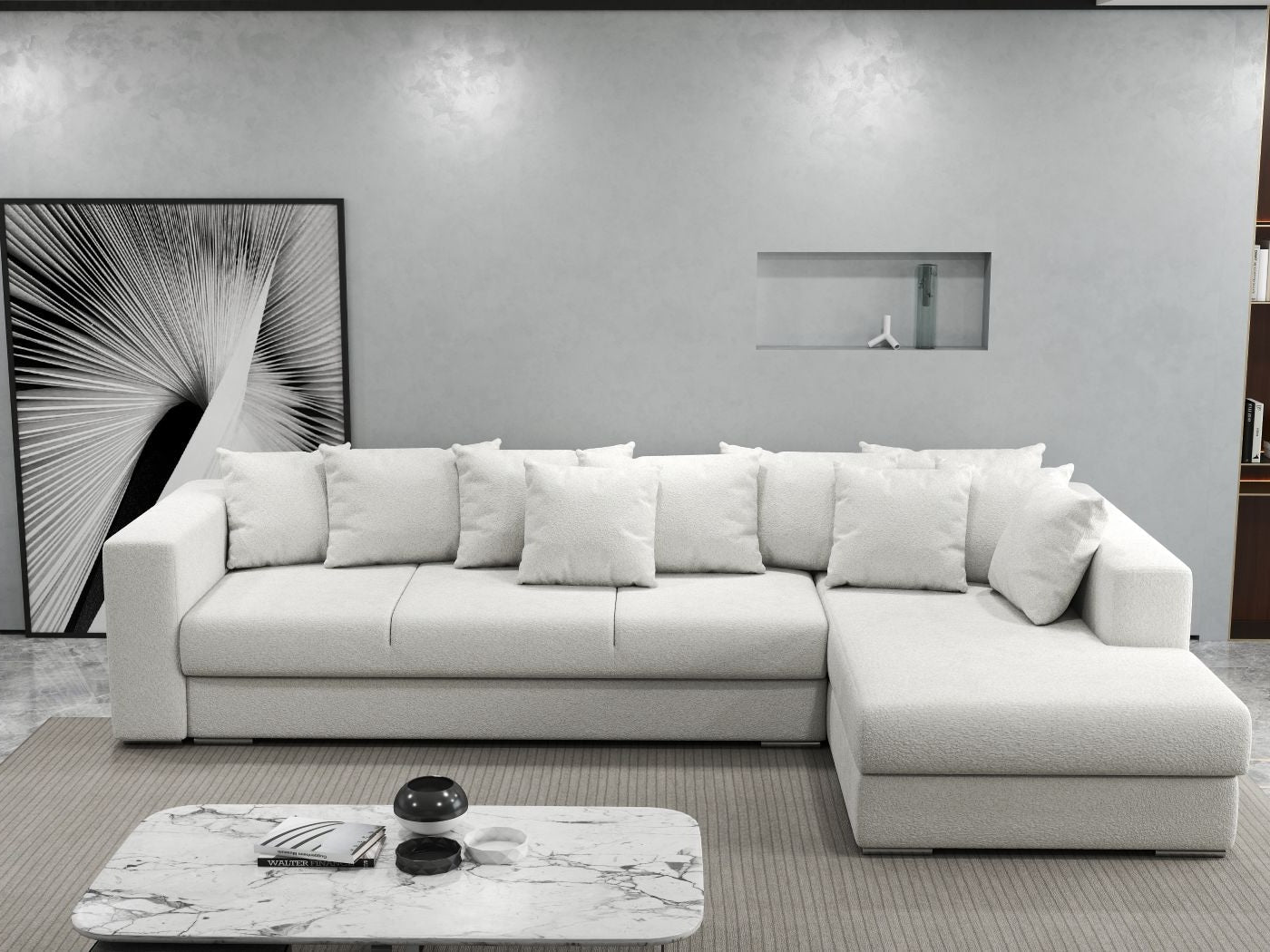 Colțar extensibil dumonde cu ladă de depozitare si sezut confortabil din spuma HR, Gloria Euphoria Ivory II 320x183 cm Fabrica