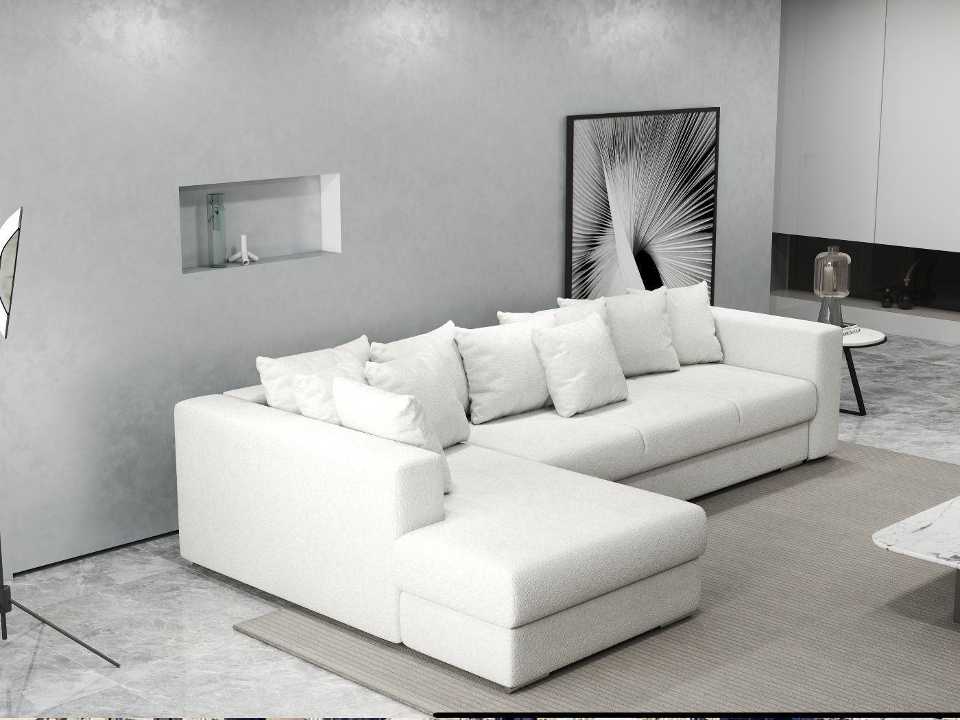 Colțar extensibil dumonde cu ladă de depozitare si sezut confortabil din spuma HR, Gloria Euphoria Ivory 320x183 cm Fabrica