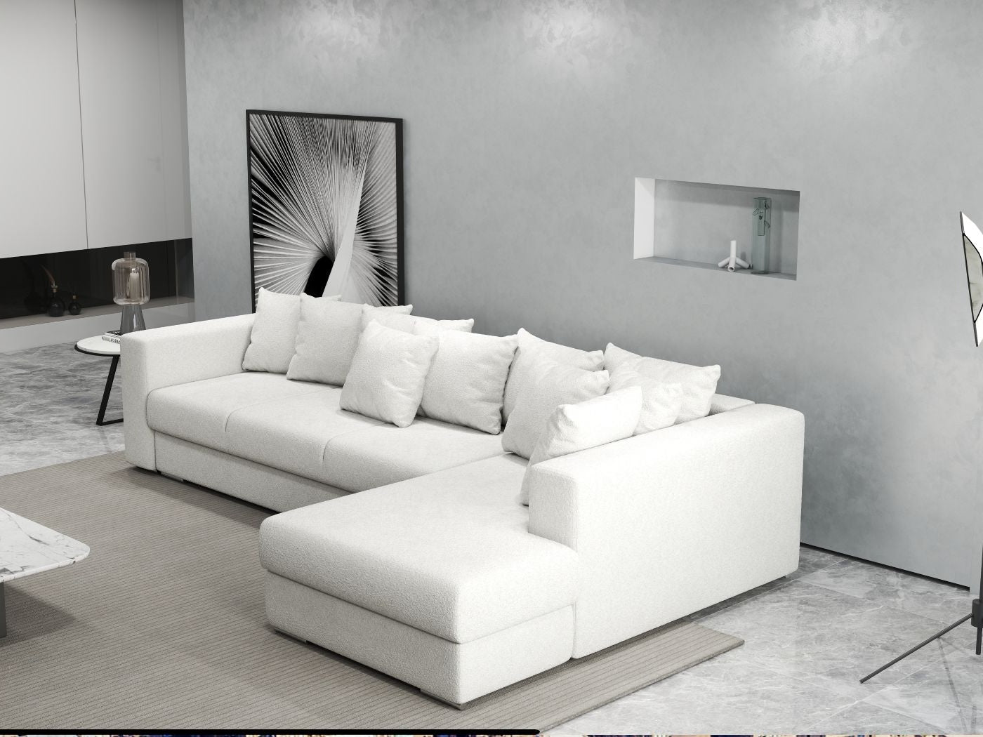 Colțar extensibil dumonde cu ladă de depozitare si sezut confortabil din spuma HR, Gloria Euphoria Ivory II 320x183 cm Fabrica