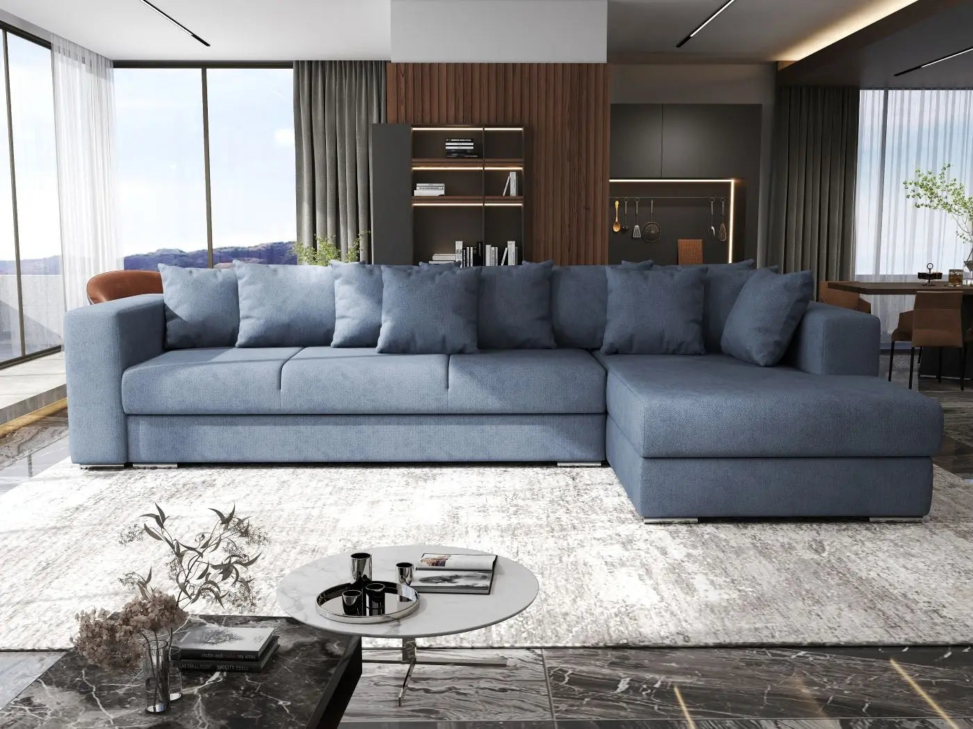 Colțar extensibil dumonde cu ladă de depozitare si sezut confortabil din spuma HR, Gloria Antracit II 320x183 cm Fabrica