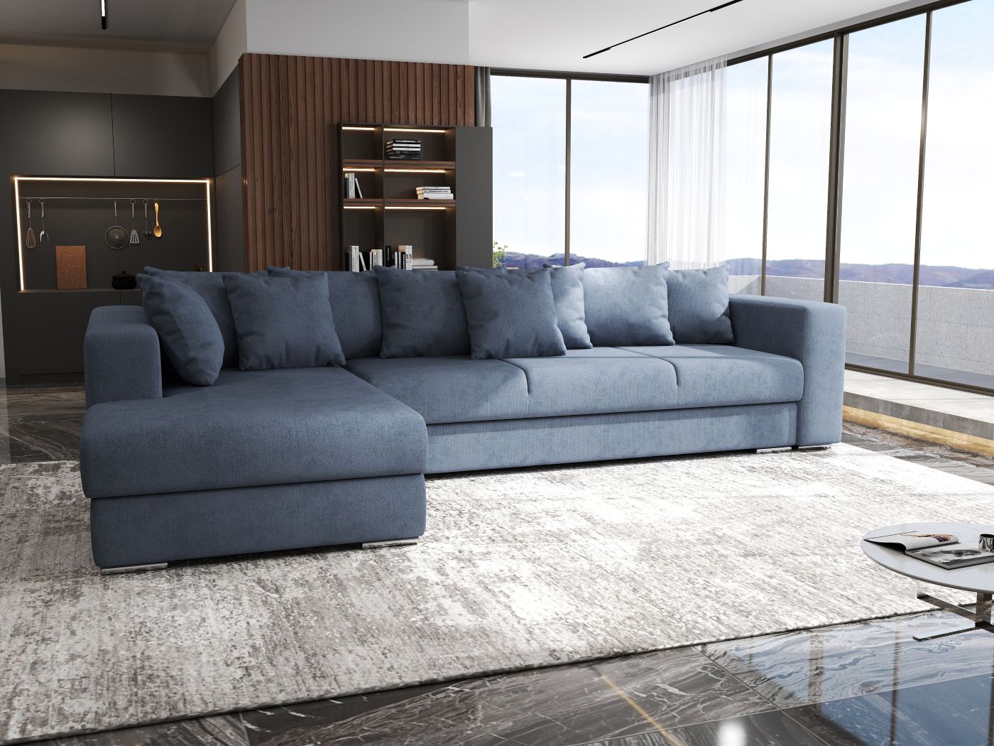 Colțar extensibil dumonde cu ladă de depozitare si sezut confortabil din spuma HR, Gloria Antracit 320x183 cm Fabrica