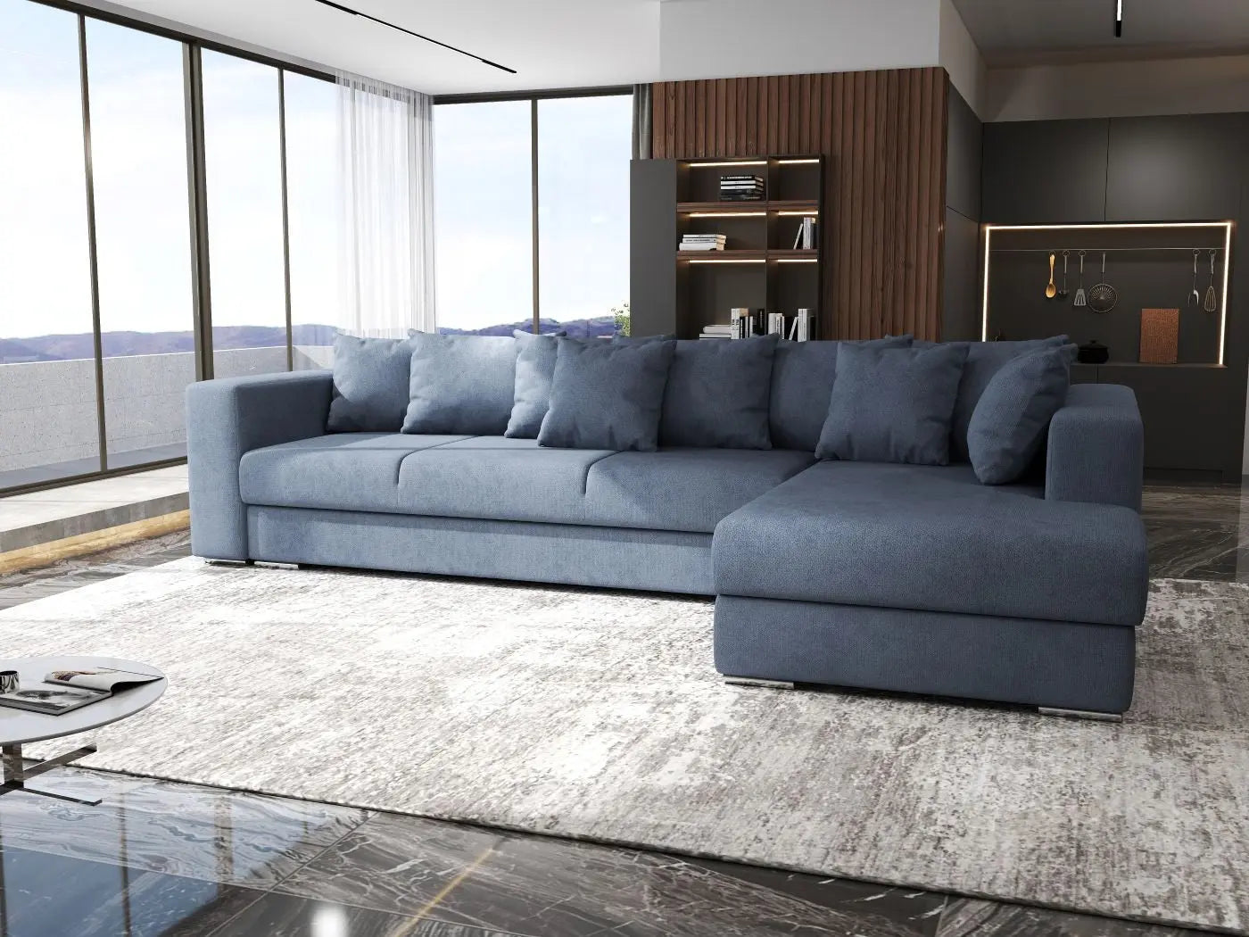 Colțar extensibil dumonde cu ladă de depozitare si sezut confortabil din spuma HR, Gloria Antracit II 320x183 cm Fabrica