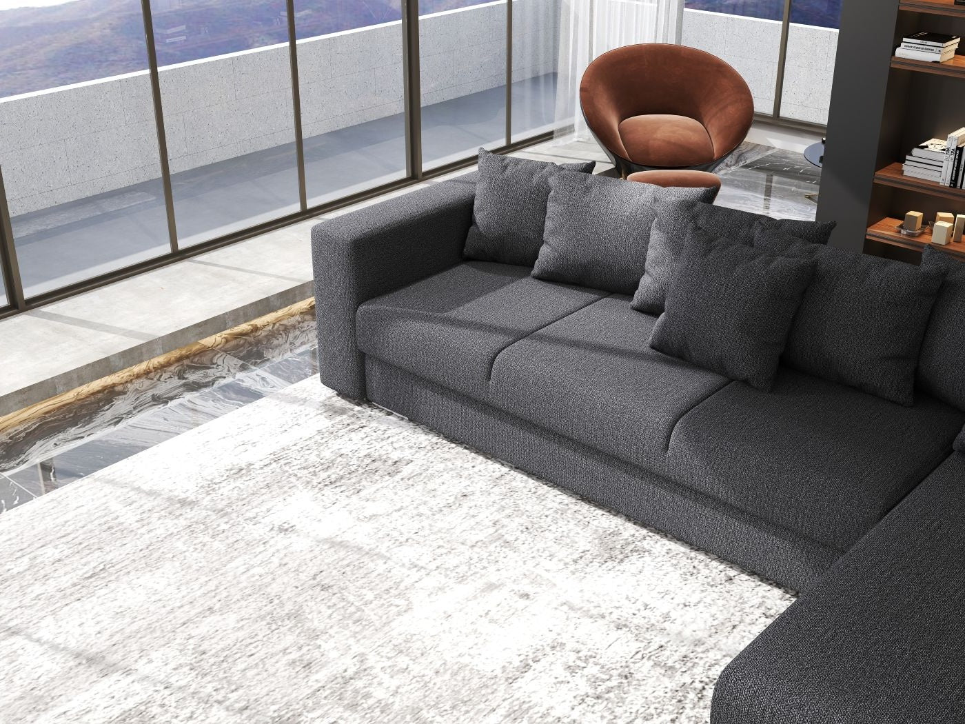 Colțar extensibil dumonde cu ladă de depozitare si sezut confortabil din spuma HR, Gloria Enjoy Grafit 320x183 cm Fabrica