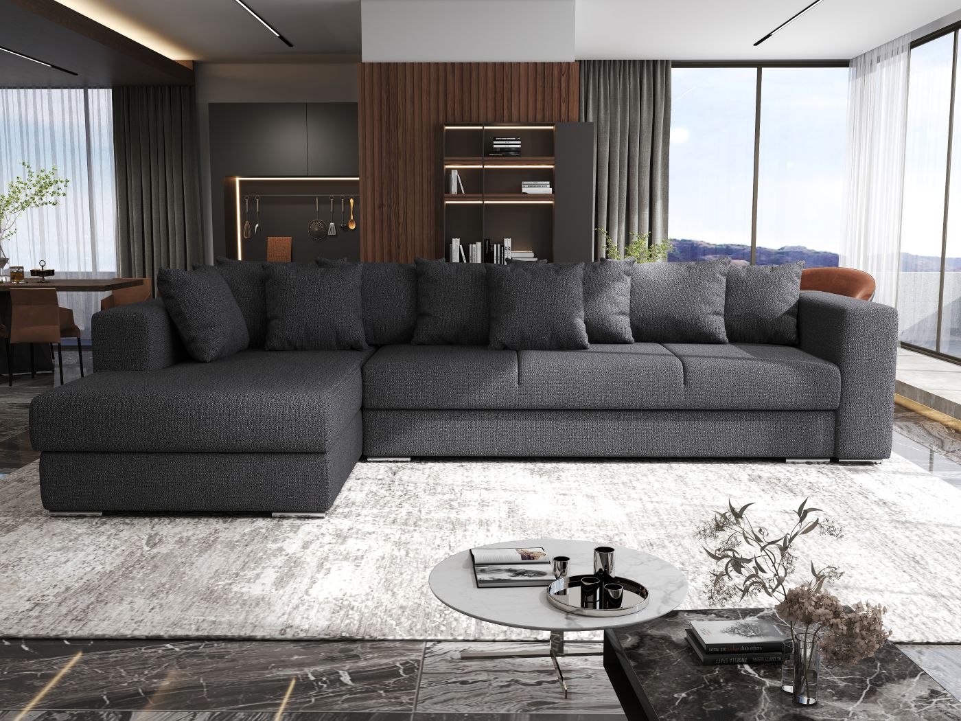 Colțar extensibil dumonde cu ladă de depozitare si sezut confortabil din spuma HR, Gloria Enjoy Grafit II 320x183 cm Fabrica